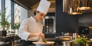 Chef plating a dish in a restaurant kitchen